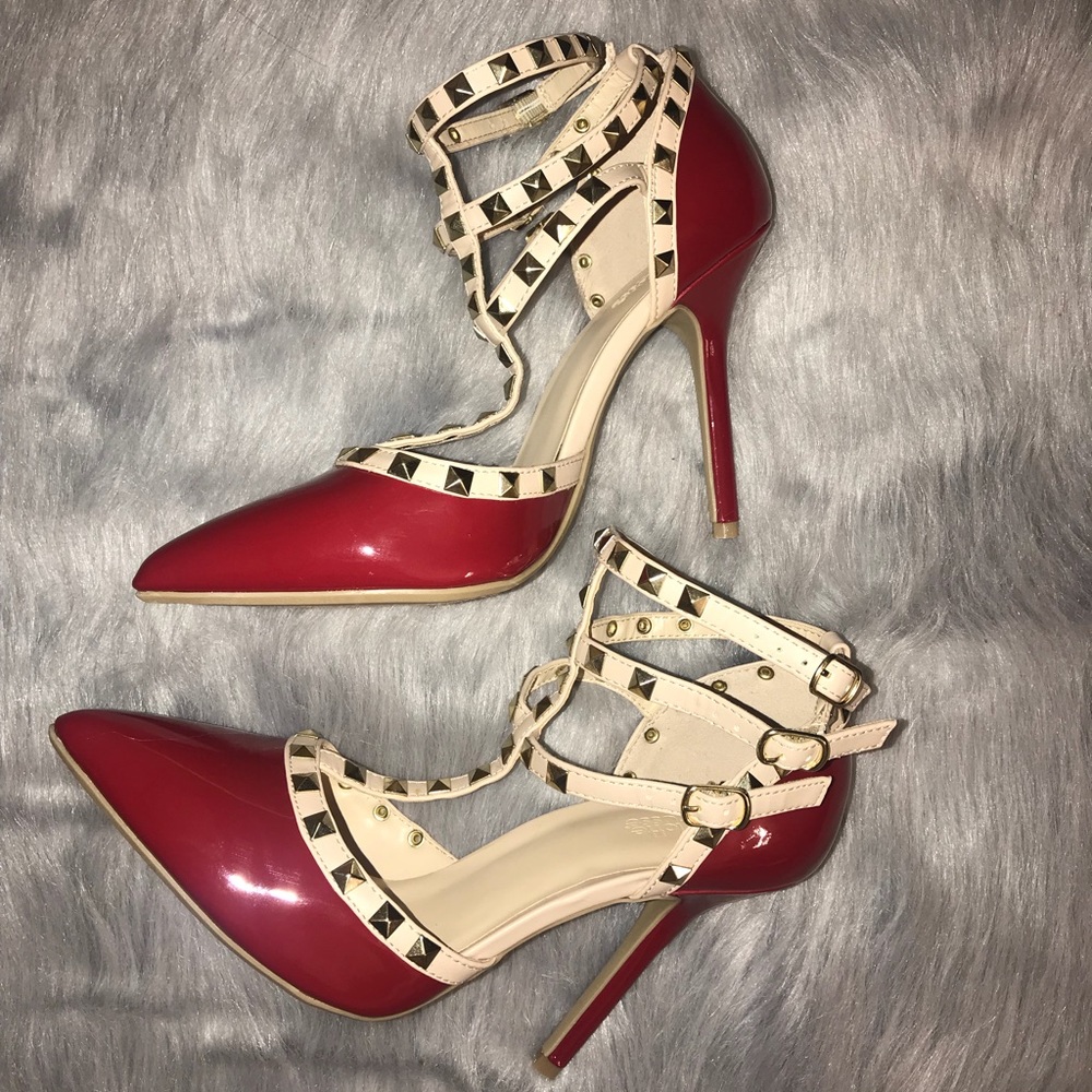 Red and tan studded high heels